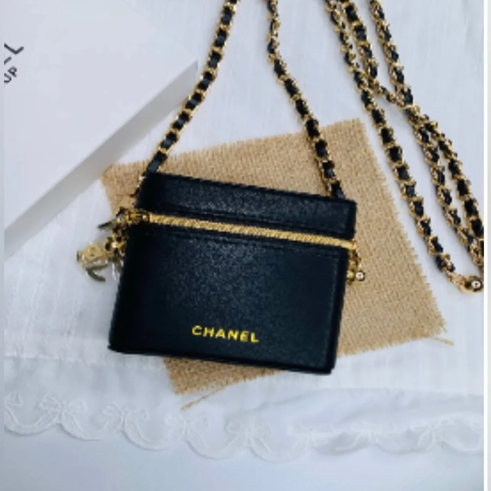 Black Faux Leather Mini Beauty Crossbody Case with Gold Hardware GWP